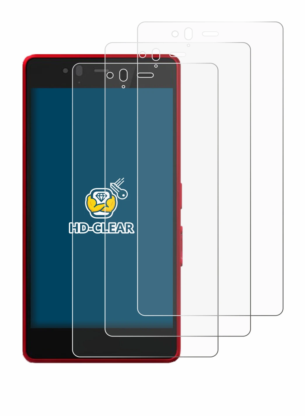 Immagine del dispositivo Fujitsu Arrows M04 con un'ampia varietà di protezioni per lo schermo.