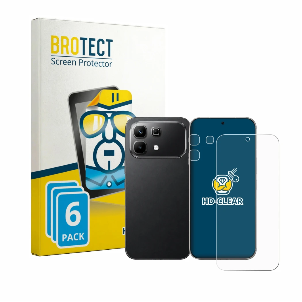 Parte frontale di una confezione del prodotto con il logo del marchio BROTECT. Accanto è raffigurato il dispositivo Infinix No