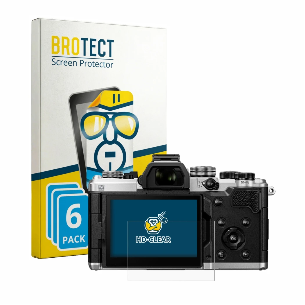 Parte frontale di una confezione del prodotto con il logo del marchio BROTECT. Accanto è raffigurato il dispositivo OM System
