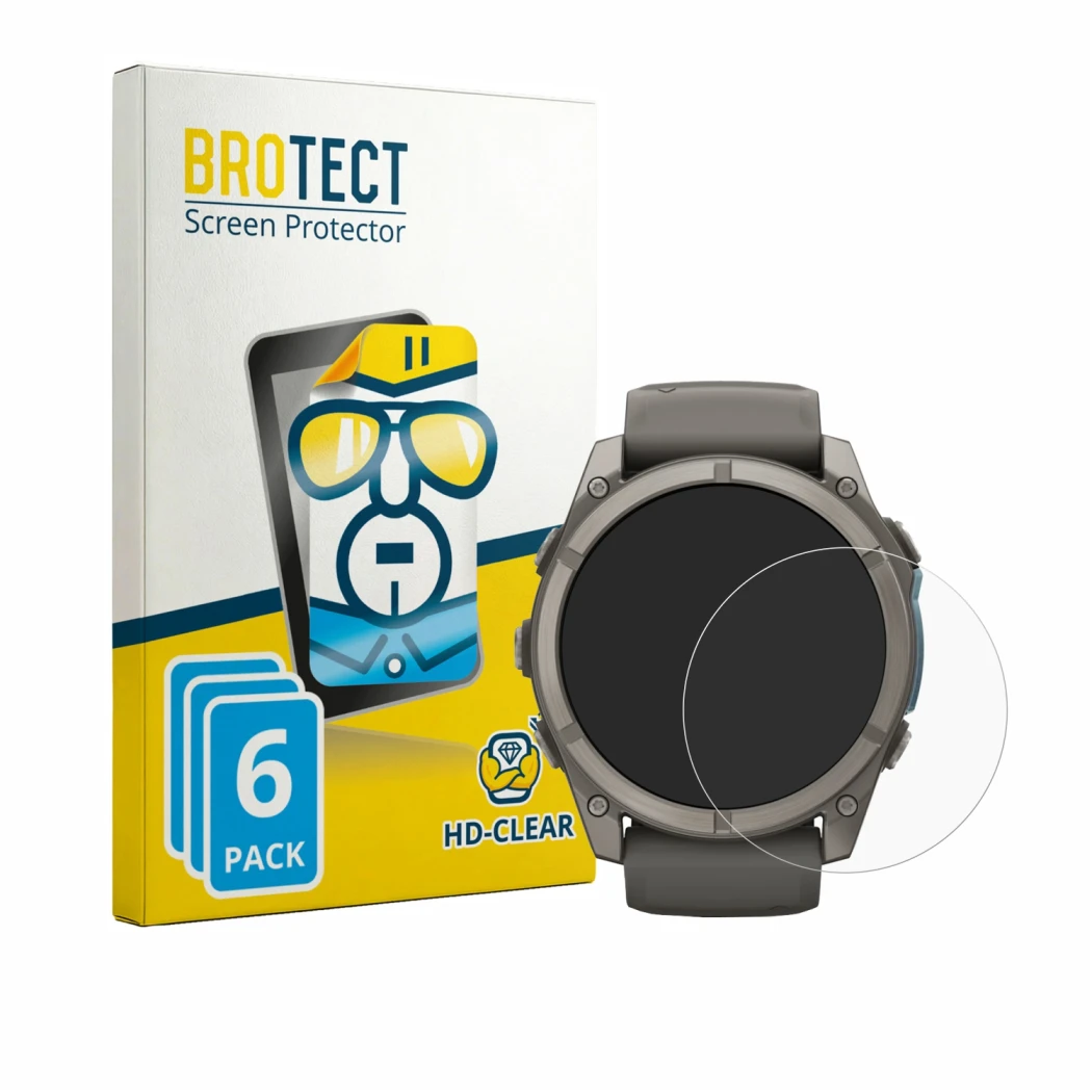 Parte frontale di una confezione del prodotto con il logo del marchio BROTECT. Accanto è raffigurato il dispositivo Garmin Fen