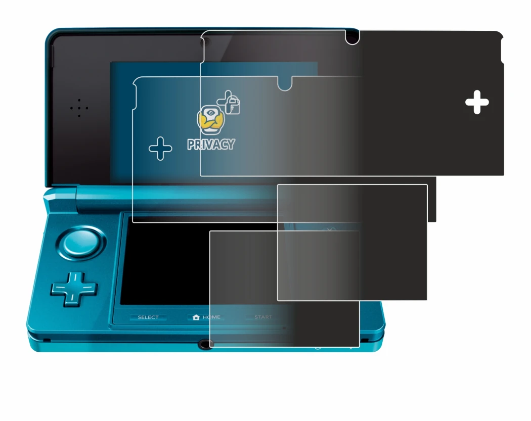 Immagine del dispositivo Nintendo 3DS con un'ampia varietà di protezioni per lo schermo.