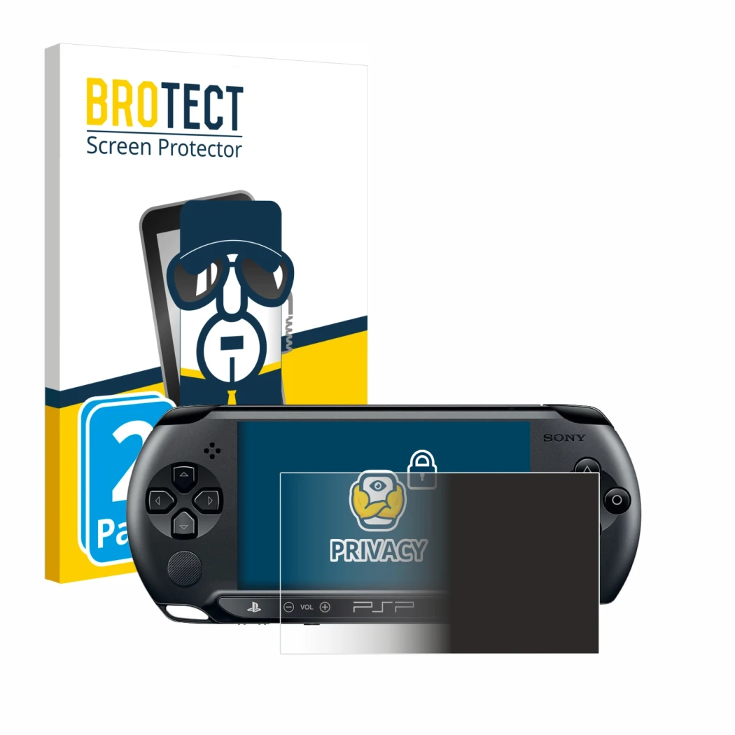 Parte frontale di una confezione del prodotto con il logo del marchio BROTECT. Accanto è raffigurato il dispositivo Sony PSP S