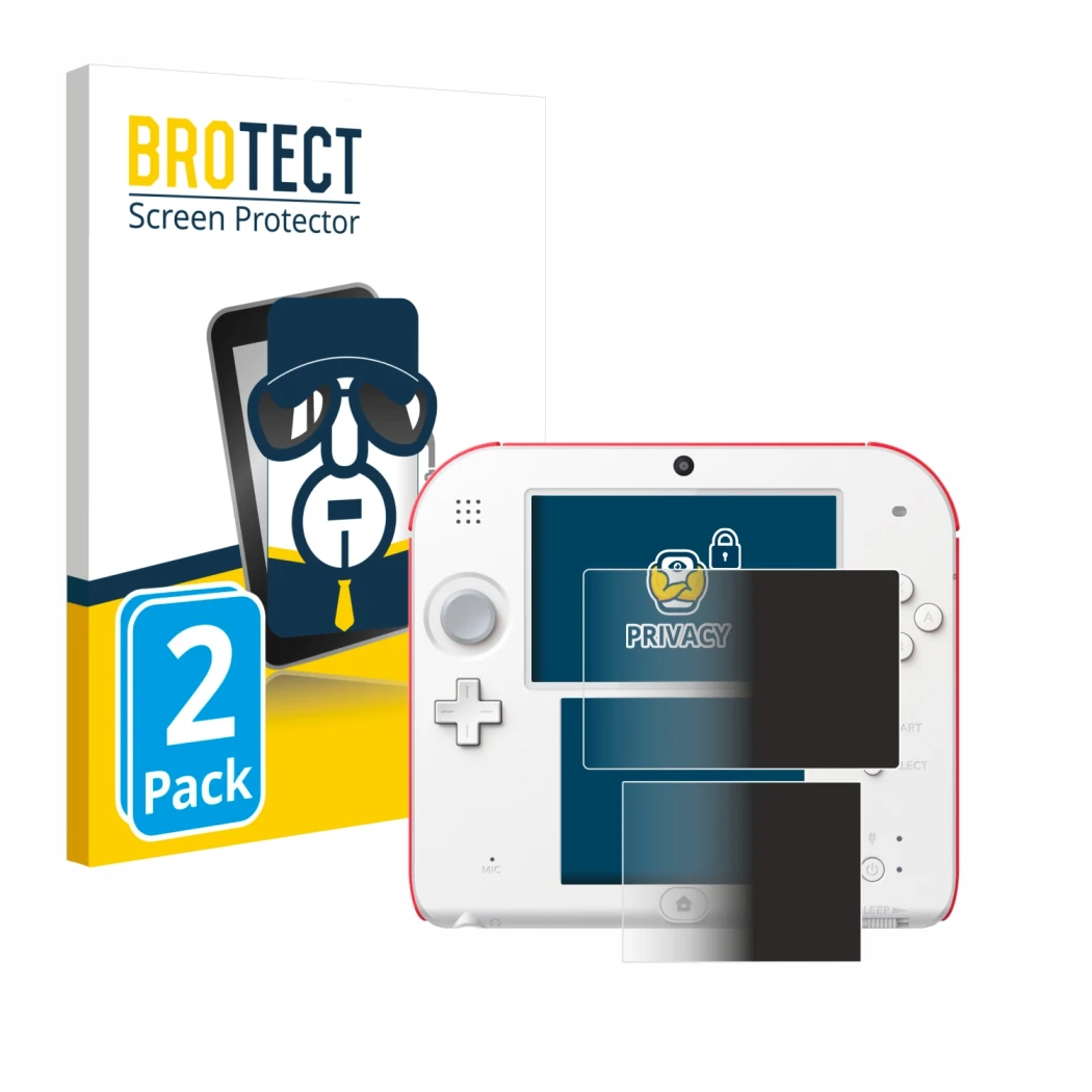 Parte frontale di una confezione del prodotto con il logo del marchio BROTECT. Accanto è raffigurato il dispositivo Nintendo 2