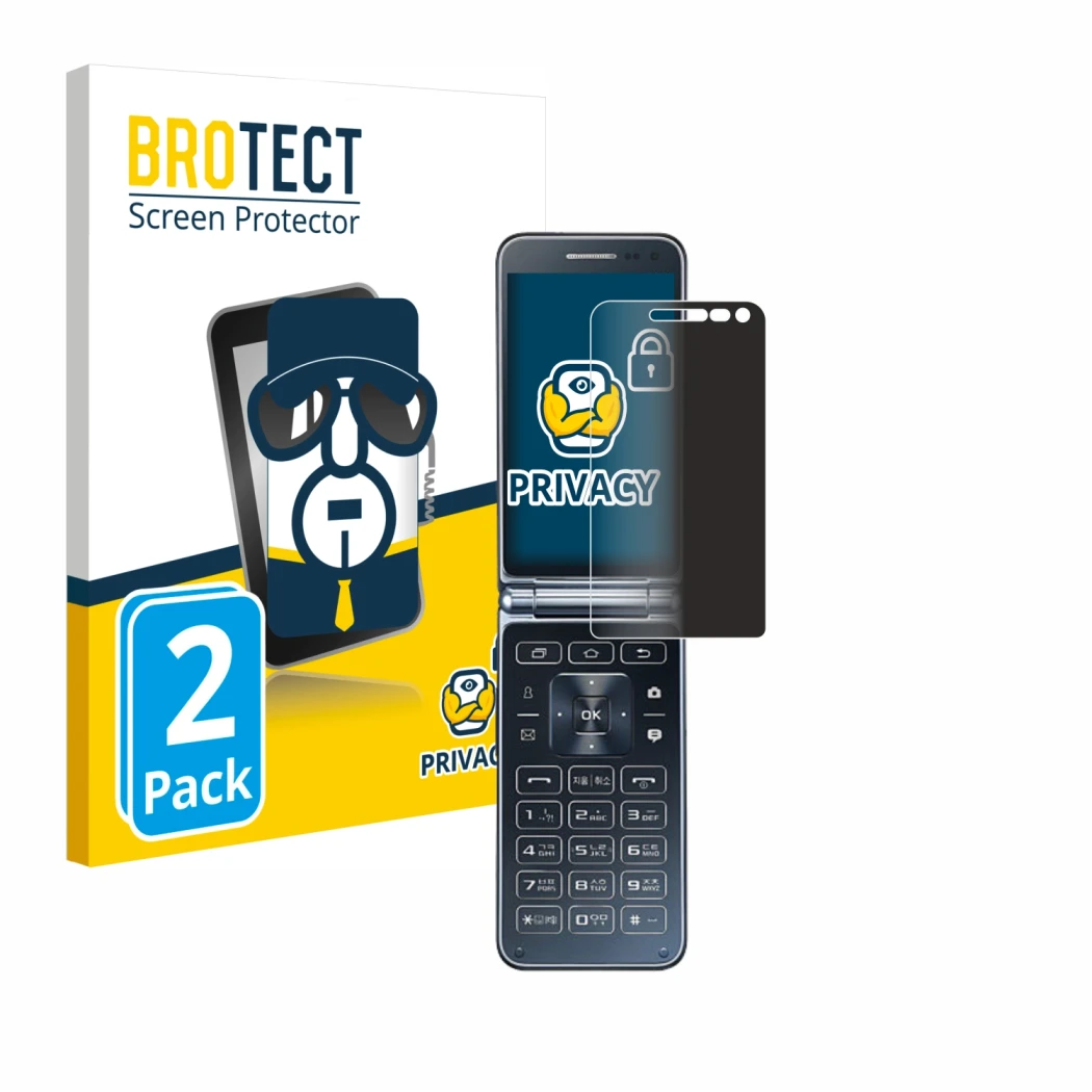 Parte frontale di una confezione del prodotto con il logo del marchio BROTECT. Accanto è raffigurato il dispositivo Samsung Ga