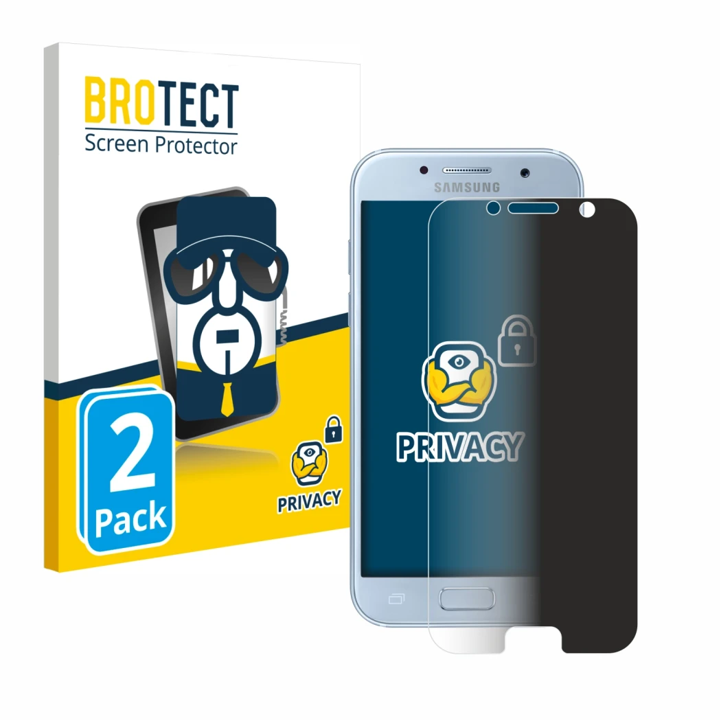 Parte frontale di una confezione del prodotto con il logo del marchio BROTECT. Accanto è raffigurato il dispositivo Samsung Ga