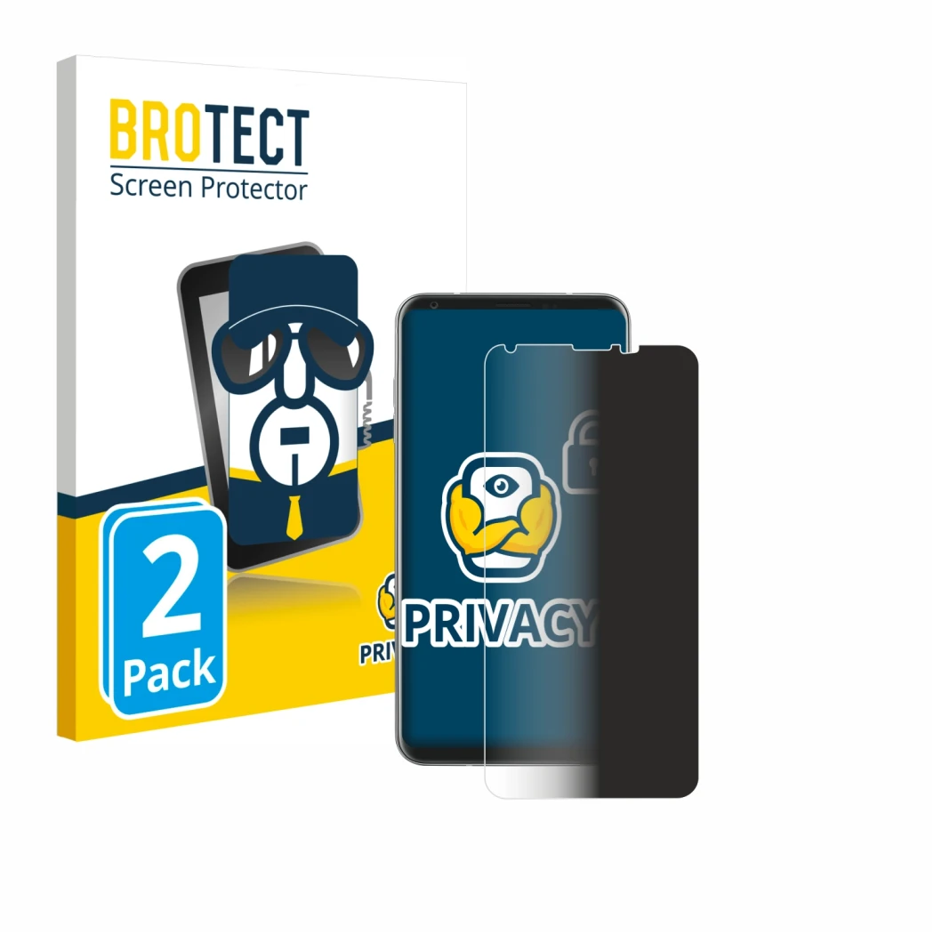 Parte frontale di una confezione del prodotto con il logo del marchio BROTECT. Accanto è raffigurato il dispositivo LG V30 con