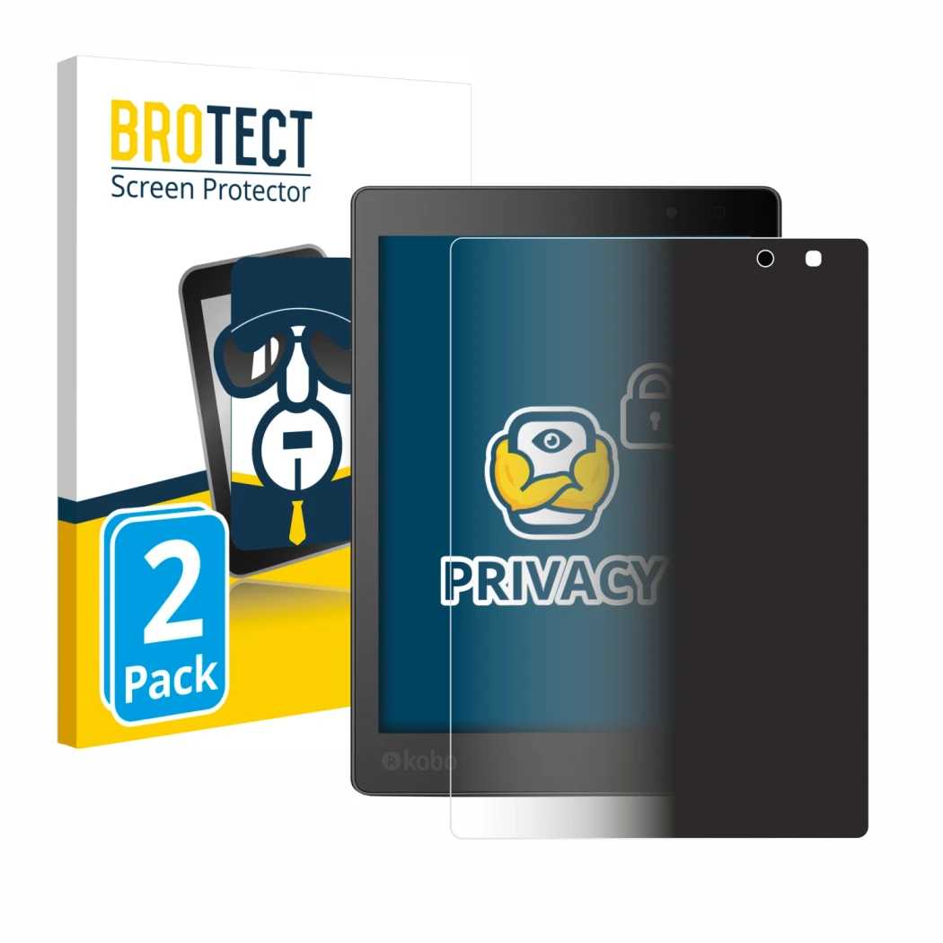 Parte frontale di una confezione del prodotto con il logo del marchio BROTECT. Accanto è raffigurato il dispositivo Kobo Aura