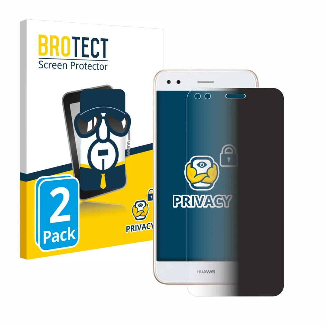 Parte frontale di una confezione del prodotto con il logo del marchio BROTECT. Accanto è raffigurato il dispositivo Huawei P9