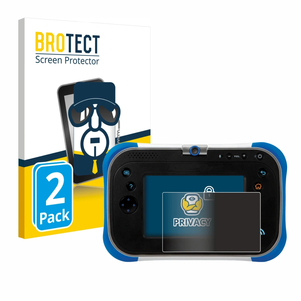 Parte frontale di una confezione del prodotto con il logo del marchio BROTECT. Accanto è raffigurato il dispositivo Vtech Stor