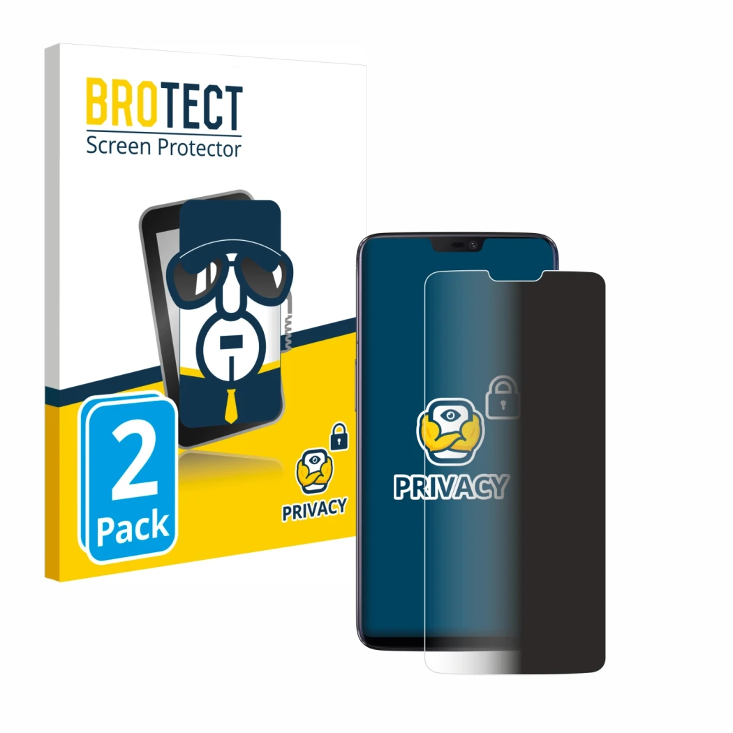 Parte frontale di una confezione del prodotto con il logo del marchio BROTECT. Accanto è raffigurato il dispositivo OnePlus 6 