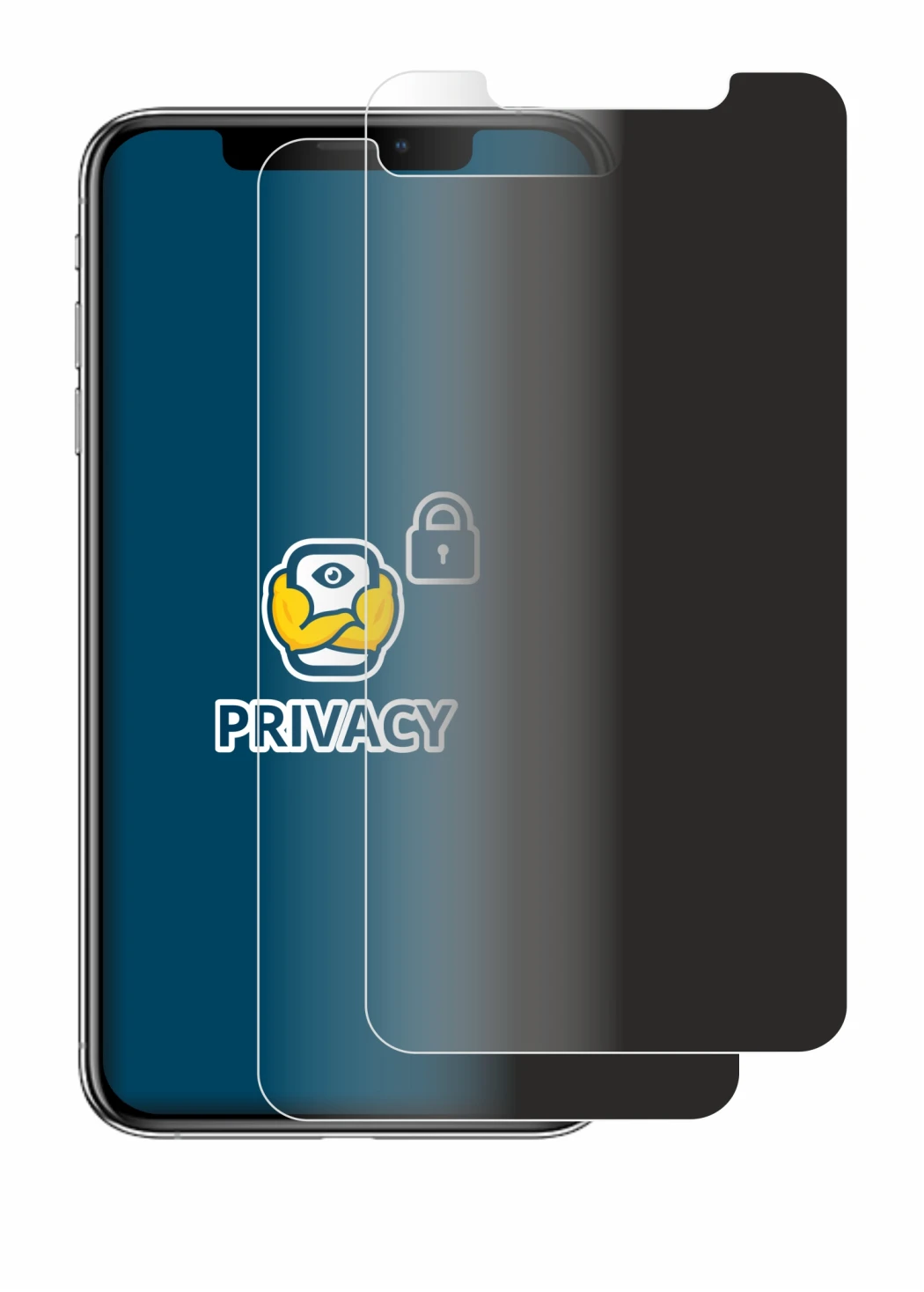 Immagine del dispositivo Apple iPhone Xs Max con un'ampia varietà di protezioni per lo schermo.