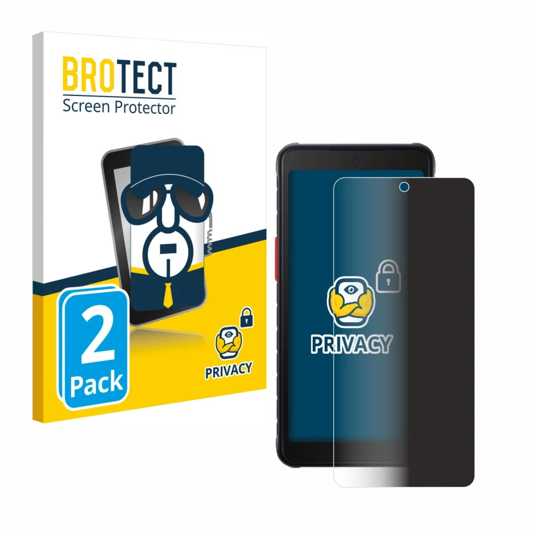 Parte frontale di una confezione del prodotto con il logo del marchio BROTECT. Accanto è raffigurato il dispositivo Samsung Ga