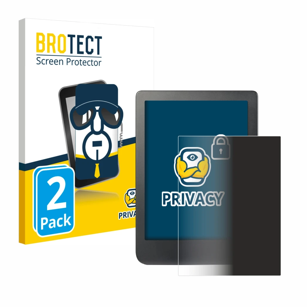 Parte frontale di una confezione del prodotto con il logo del marchio BROTECT. Accanto è raffigurato il dispositivo Kobo Clara