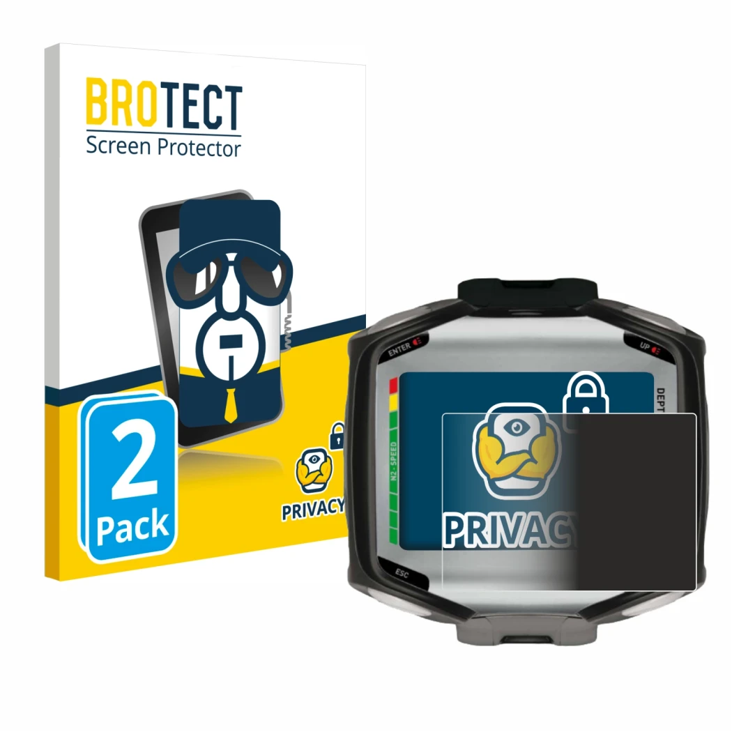 Parte frontale di una confezione del prodotto con il logo del marchio BROTECT. Accanto è raffigurato il dispositivo Mares Quad