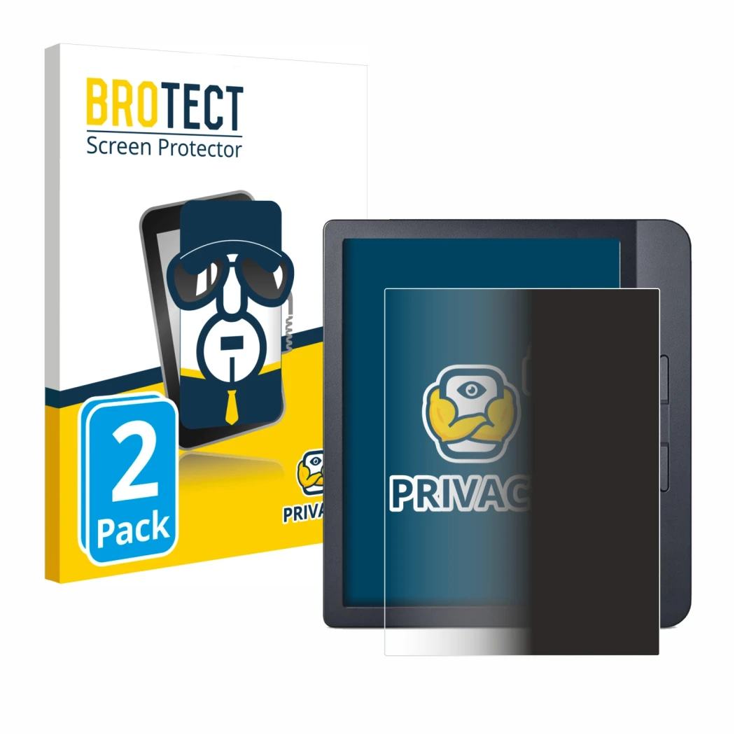 Parte frontale di una confezione del prodotto con il logo del marchio BROTECT. Accanto è raffigurato il dispositivo Kobo Libra