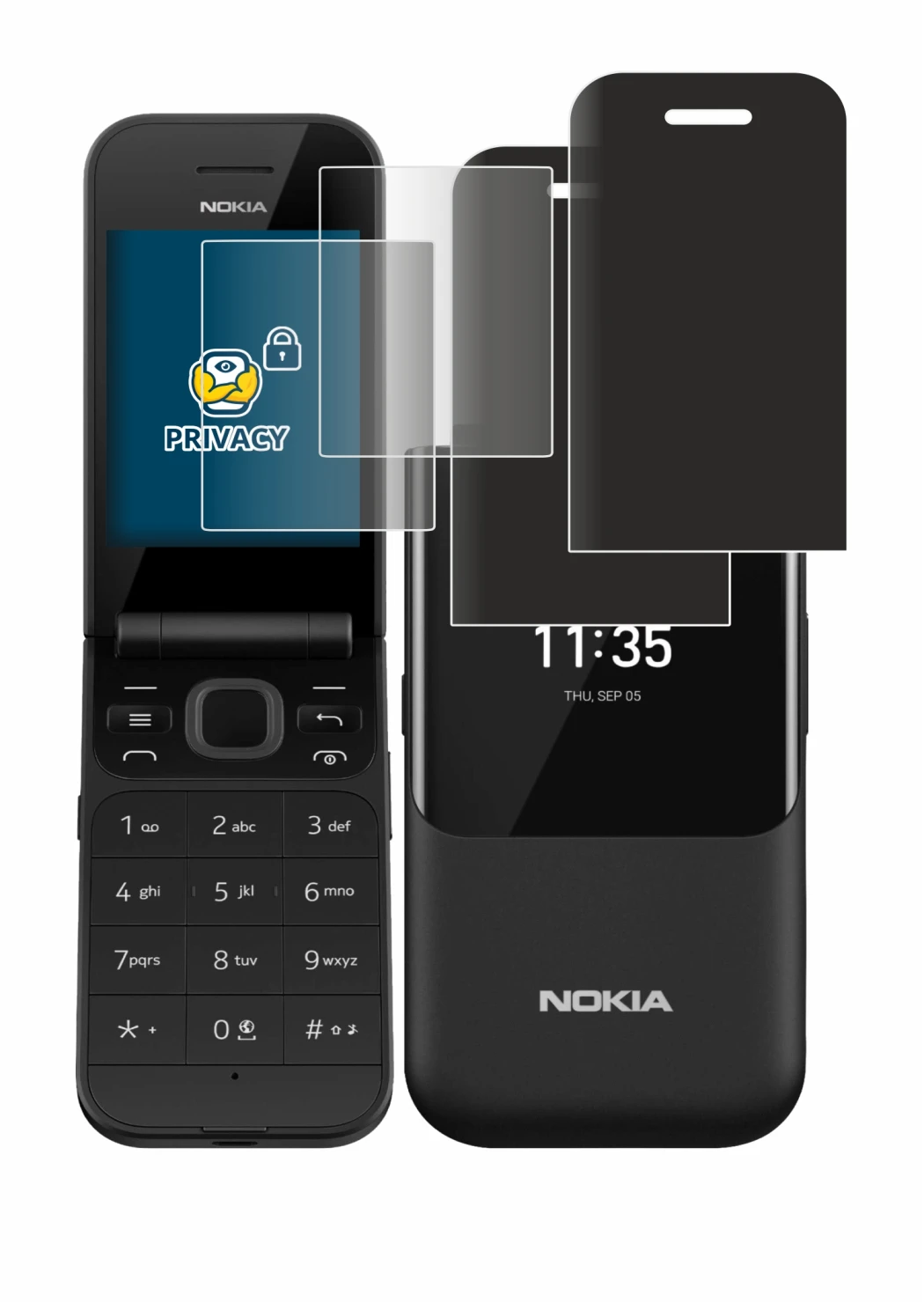 Immagine del dispositivo Nokia 2720 Flip con un'ampia varietà di protezioni per lo schermo.