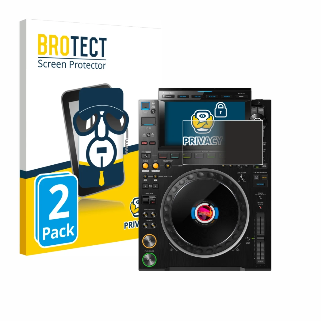 Parte frontale di una confezione del prodotto con il logo del marchio BROTECT. Accanto è raffigurato il dispositivo Pioneer CD