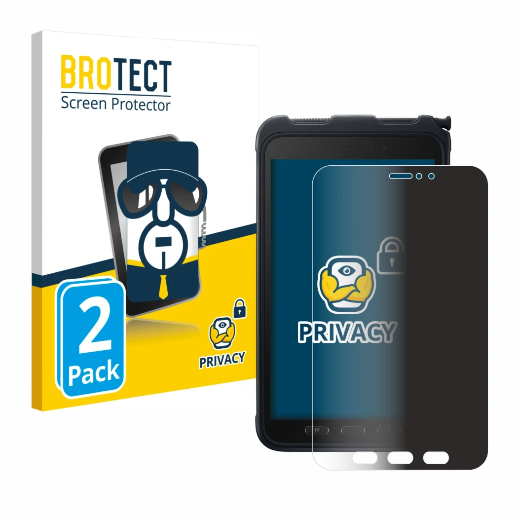 Parte frontale di una confezione del prodotto con il logo del marchio BROTECT. Accanto è raffigurato il dispositivo Samsung Ga