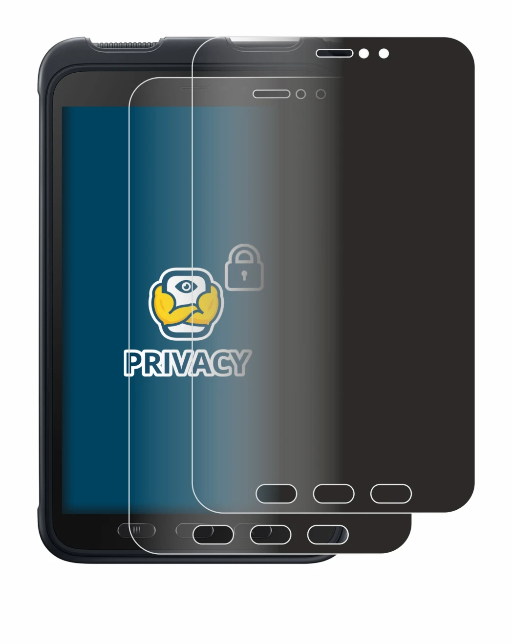 Immagine del dispositivo Samsung Galaxy Tab Active 3 con un'ampia varietà di protezioni per lo schermo.