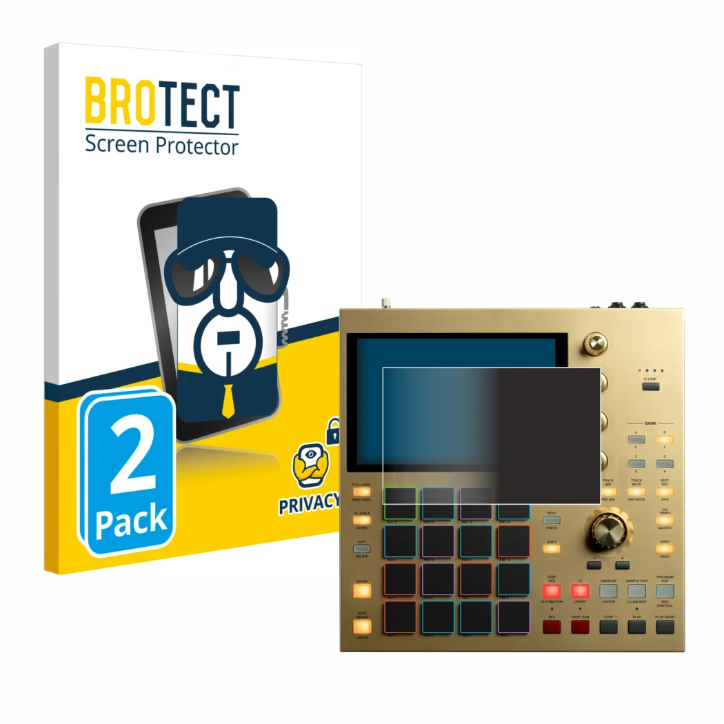 Parte frontale di una confezione del prodotto con il logo del marchio BROTECT. Accanto è raffigurato il dispositivo Akai MPC O