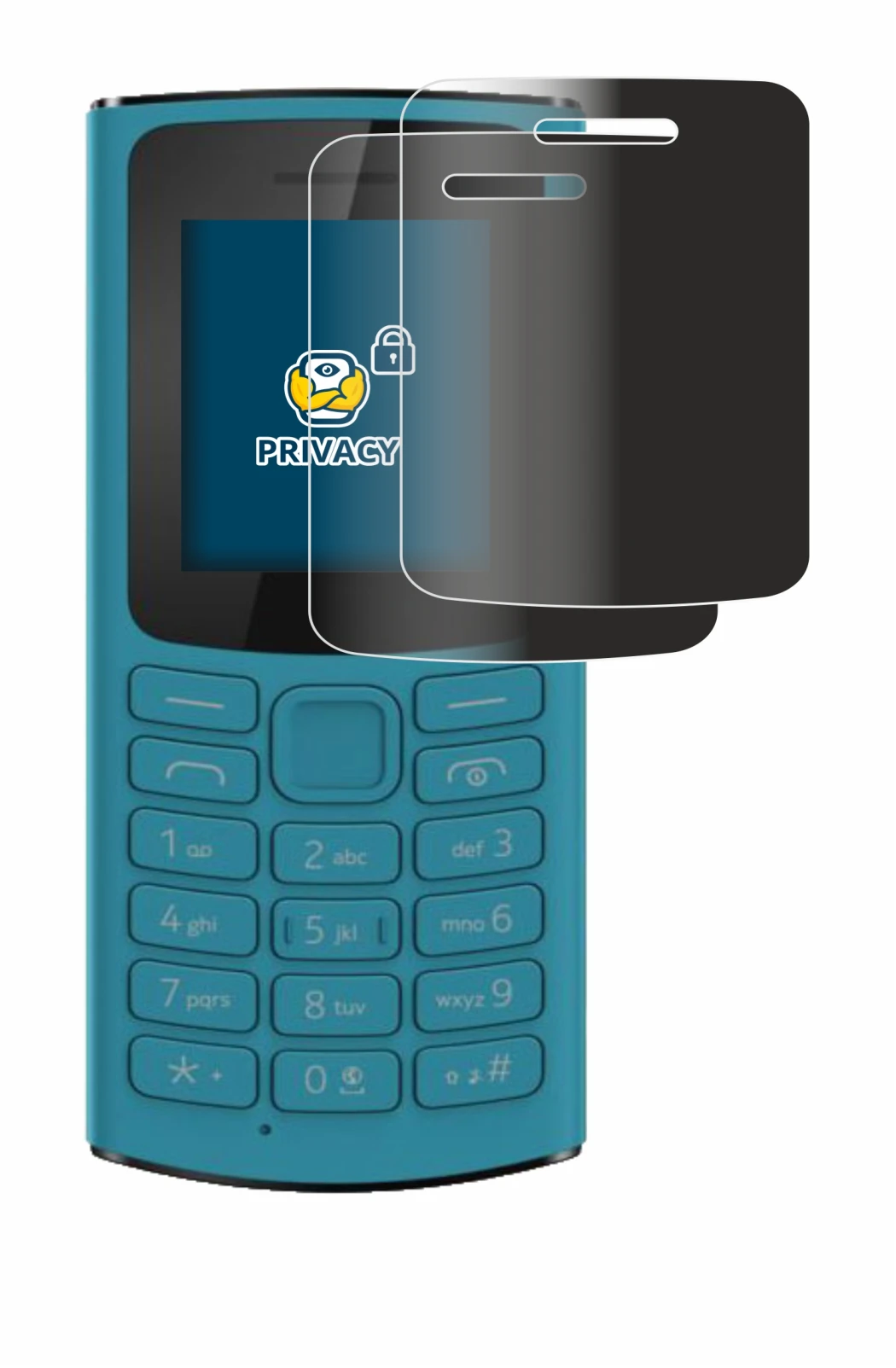 Immagine del dispositivo Nokia 105 4G 2021 con un'ampia varietà di protezioni per lo schermo.