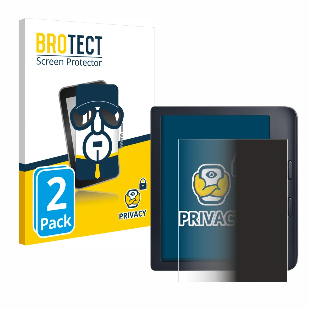 Parte frontale di una confezione del prodotto con il logo del marchio BROTECT. Accanto è raffigurato il dispositivo Kobo Libra