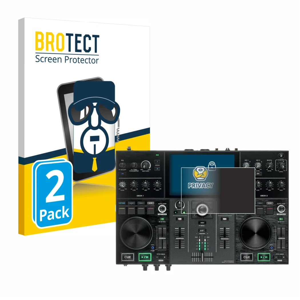 Parte frontale di una confezione del prodotto con il logo del marchio BROTECT. Accanto è raffigurato il dispositivo Denon DJ P