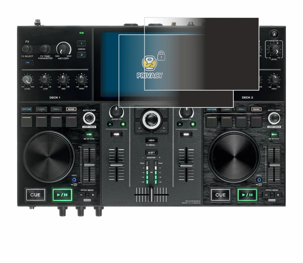 Immagine del dispositivo Denon DJ Prime Go con un'ampia varietà di protezioni per lo schermo.