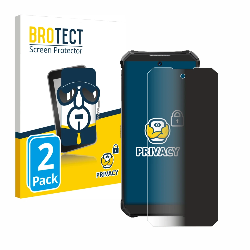 Parte frontale di una confezione del prodotto con il logo del marchio BROTECT. Accanto è raffigurato il dispositivo Oukitel WP