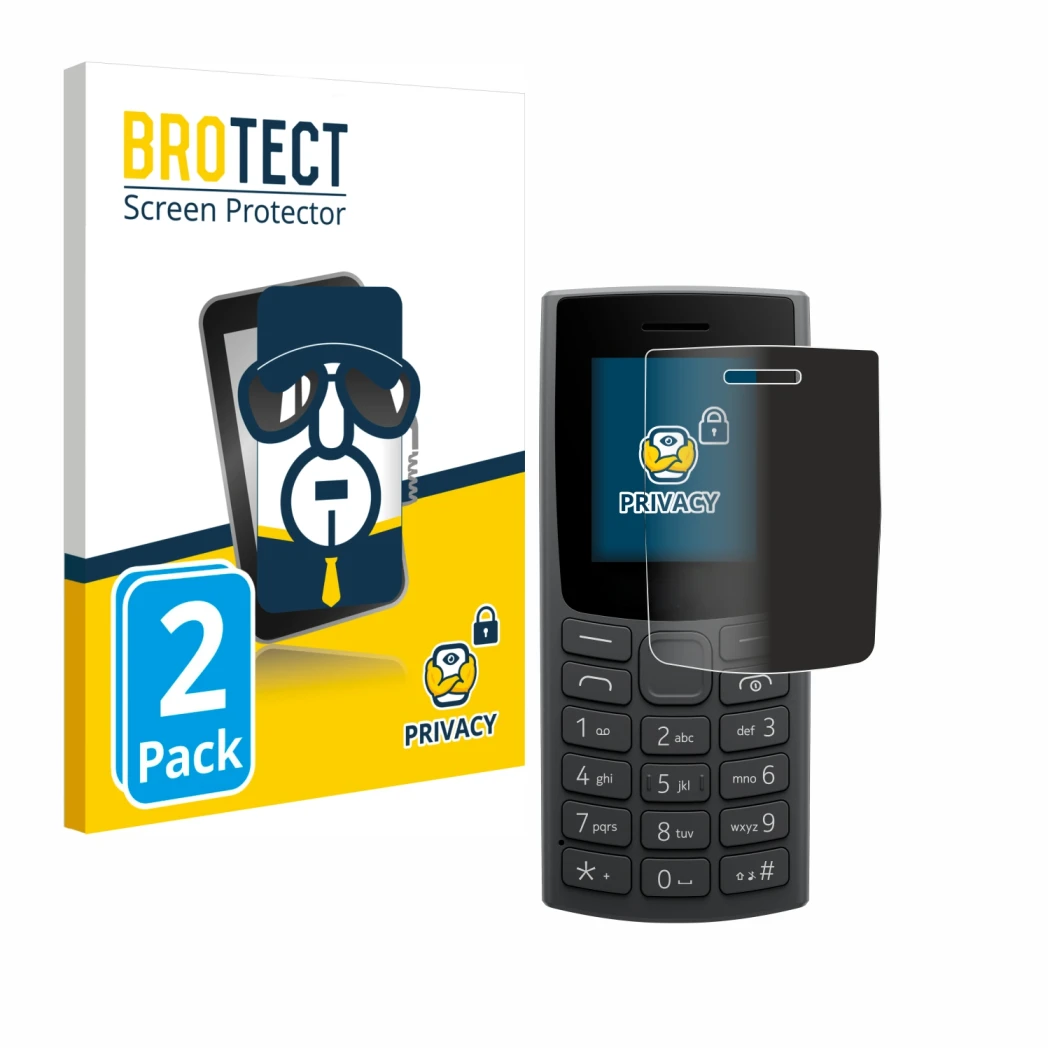 Parte frontale di una confezione del prodotto con il logo del marchio BROTECT. Accanto è raffigurato il dispositivo Nokia 105
