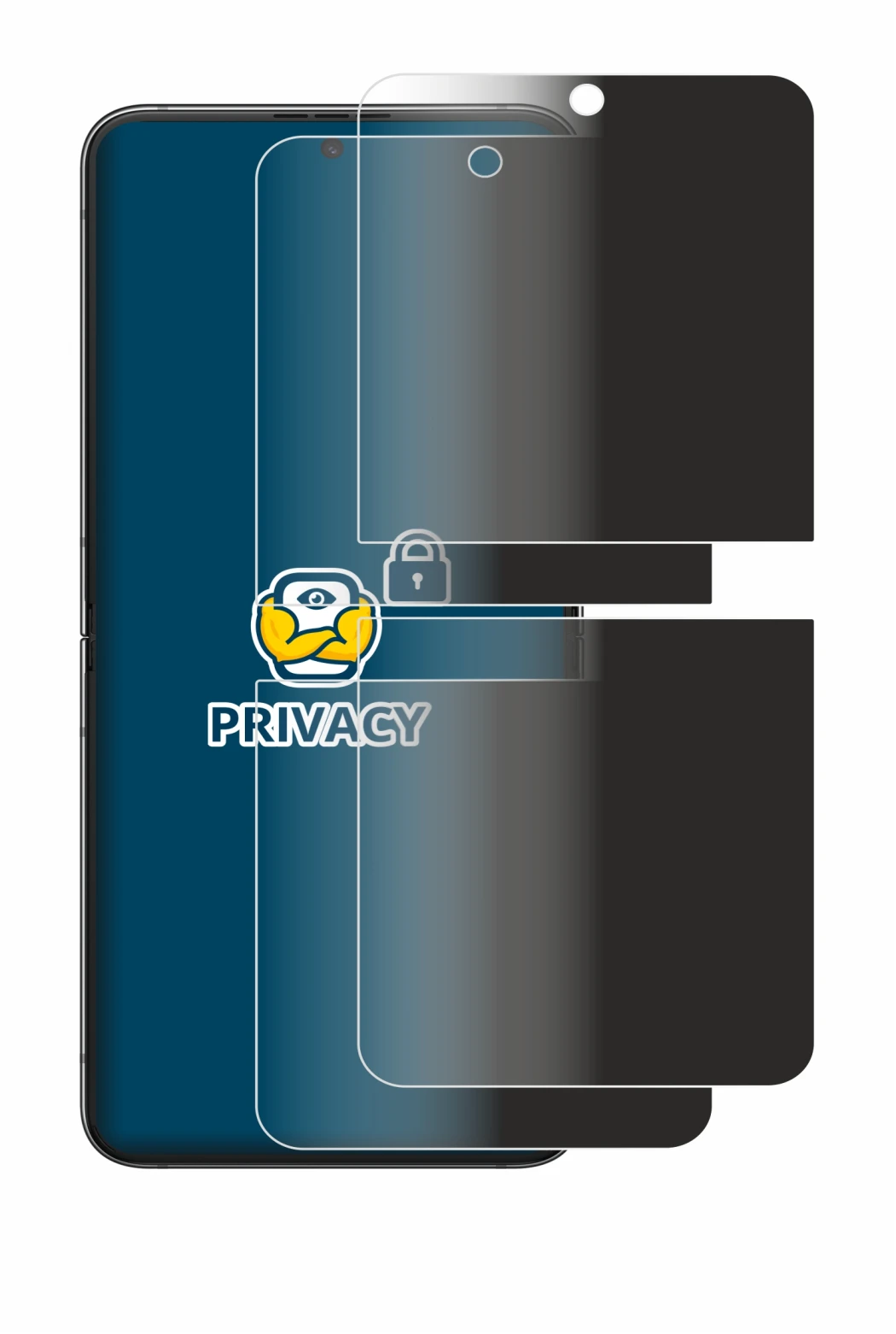 Immagine del dispositivo Samsung Galaxy Z Flip 5 con un'ampia varietà di protezioni per lo schermo.