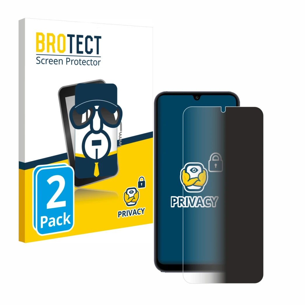 Parte frontale di una confezione del prodotto con il logo del marchio BROTECT. Accanto è raffigurato il dispositivo Samsung Ga