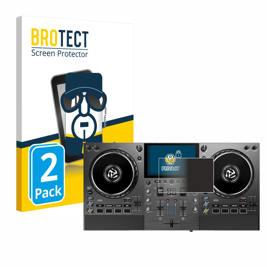 Parte frontale di una confezione del prodotto con il logo del marchio BROTECT. Accanto è raffigurato il dispositivo Numark Mix