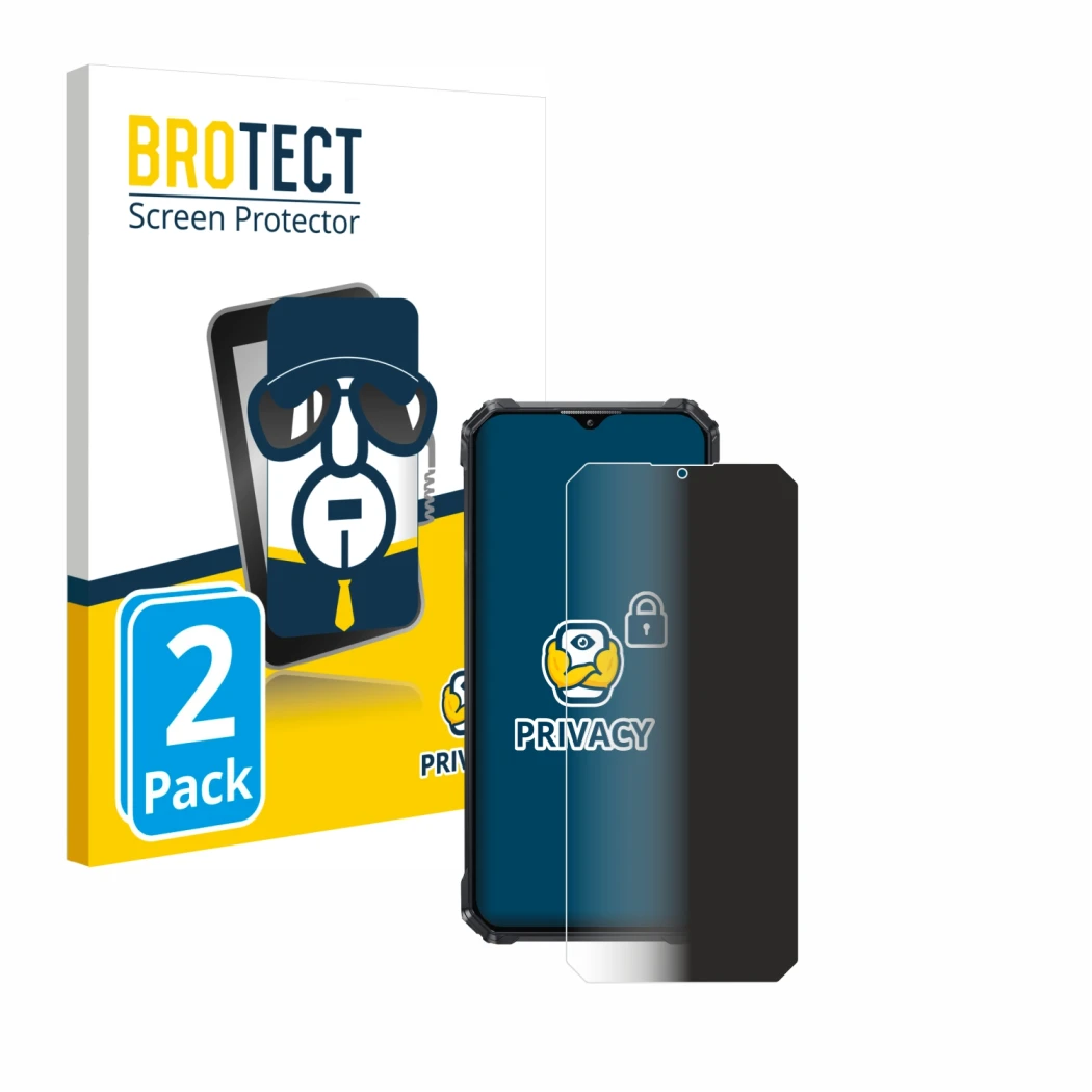 Parte frontale di una confezione del prodotto con il logo del marchio BROTECT. Accanto è raffigurato il dispositivo Oukitel WP