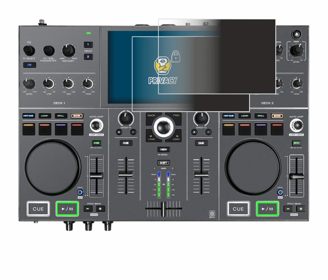Immagine del dispositivo Denon DJ Prime Go+ con un'ampia varietà di protezioni per lo schermo.