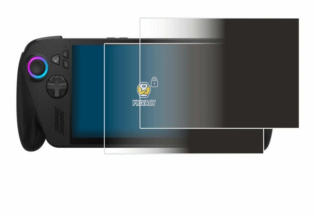 Immagine del dispositivo ASUS ROG Ally X 2025 con un'ampia varietà di protezioni per lo schermo.