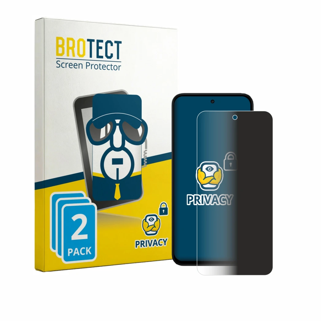 Parte frontale di una confezione del prodotto con il logo del marchio BROTECT. Accanto è raffigurato il dispositivo Xiaomi Poc