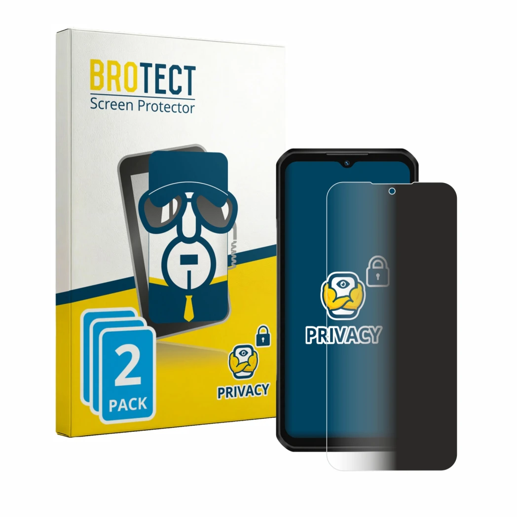 Parte frontale di una confezione del prodotto con il logo del marchio BROTECT. Accanto è raffigurato il dispositivo Oukitel WP