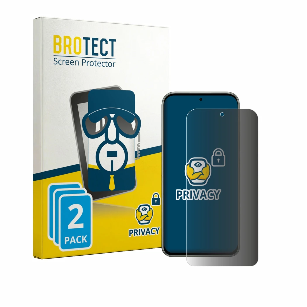Parte frontale di una confezione del prodotto con il logo del marchio BROTECT. Accanto è raffigurato il dispositivo Tecno Pova