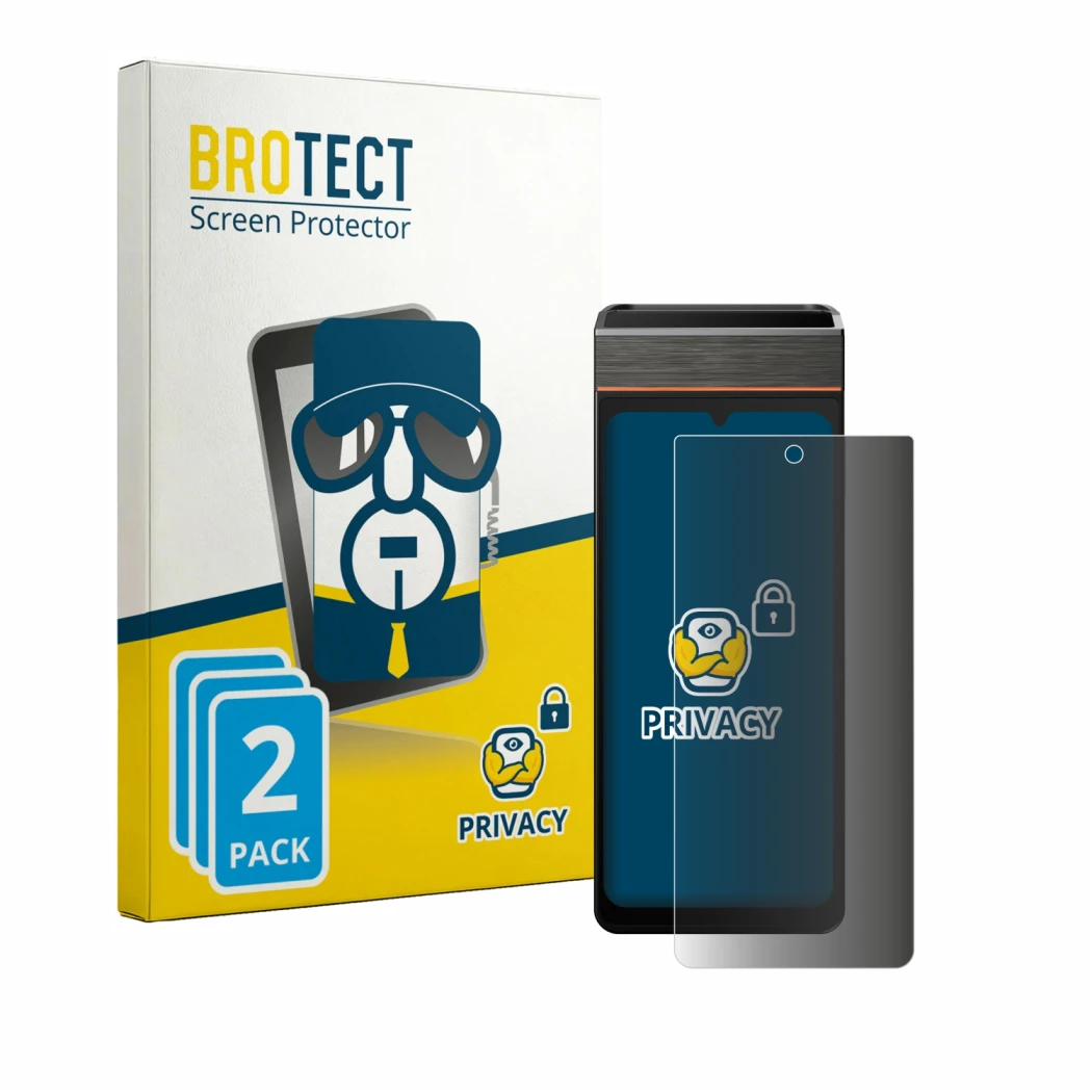 Parte frontale di una confezione del prodotto con il logo del marchio BROTECT. Accanto è raffigurato il dispositivo Sunmi V3e