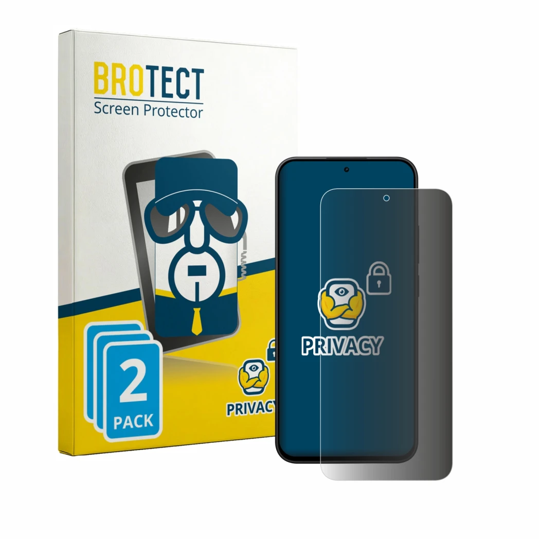 Parte frontale di una confezione del prodotto con il logo del marchio BROTECT. Accanto è raffigurato il dispositivo Xiaomi Red