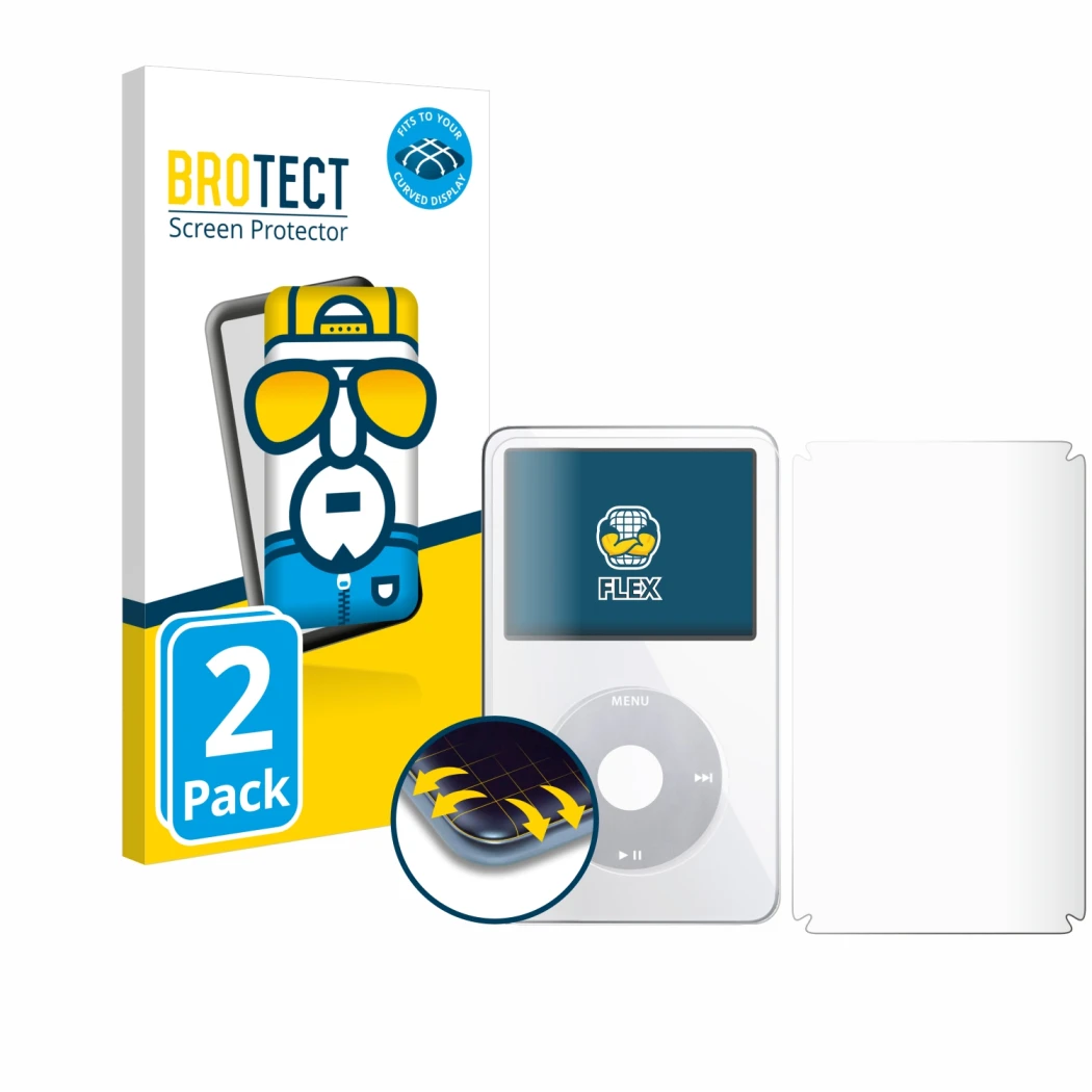 Parte frontale di una confezione del prodotto con il logo del marchio BROTECT. Accanto è raffigurato il dispositivo Apple iPod