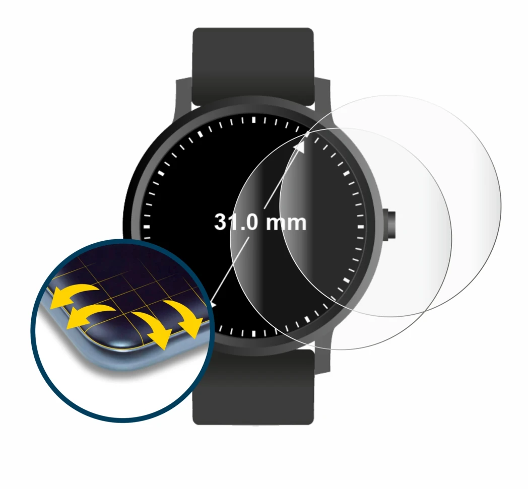 Immagine del dispositivo Orologi (circolare, ø: 31 mm) con un'ampia varietà di protezioni per lo schermo.