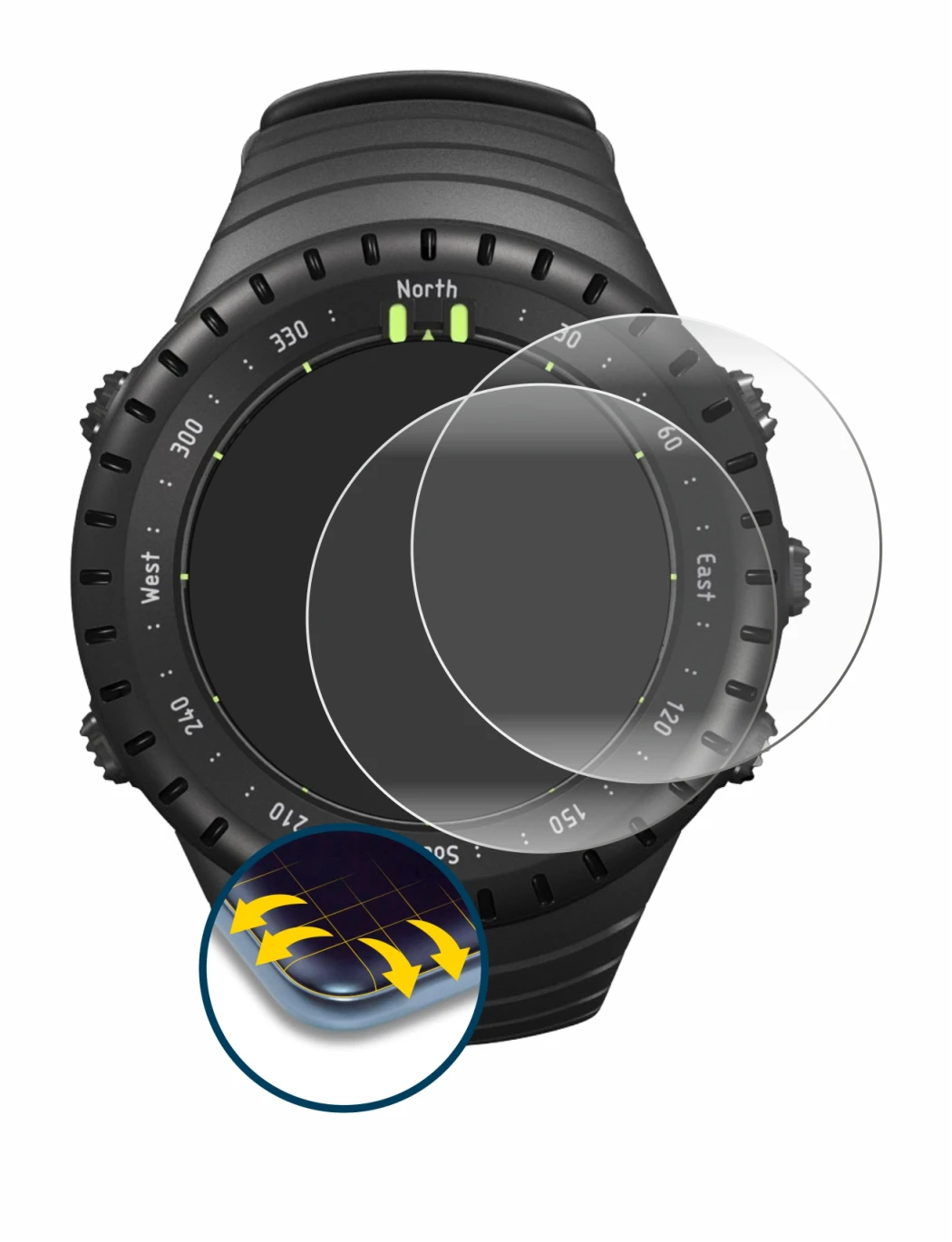 Immagine del dispositivo Suunto Core All Black con un'ampia varietà di protezioni per lo schermo.