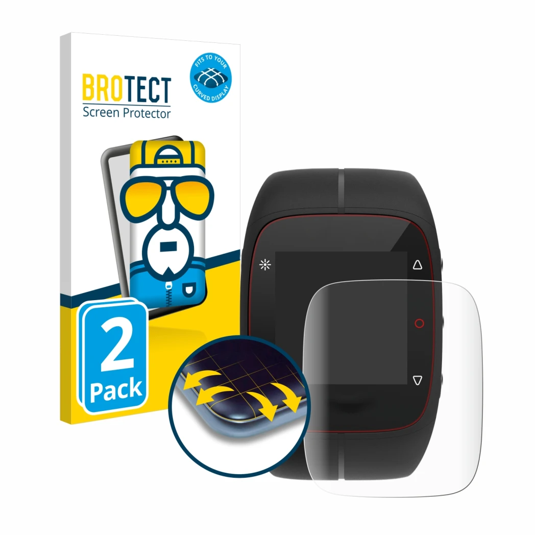 Parte frontale di una confezione del prodotto con il logo del marchio BROTECT. Accanto è raffigurato il dispositivo Polar M400