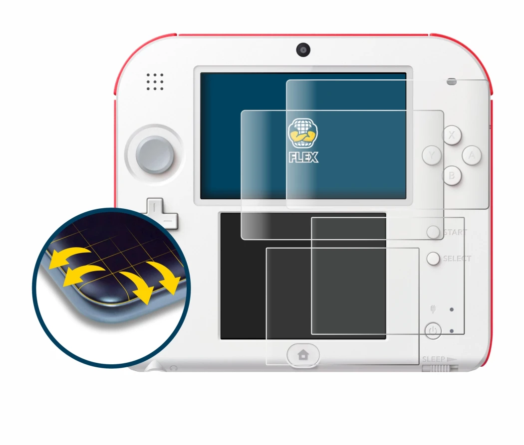 Immagine del dispositivo Nintendo 2DS con un'ampia varietà di protezioni per lo schermo.