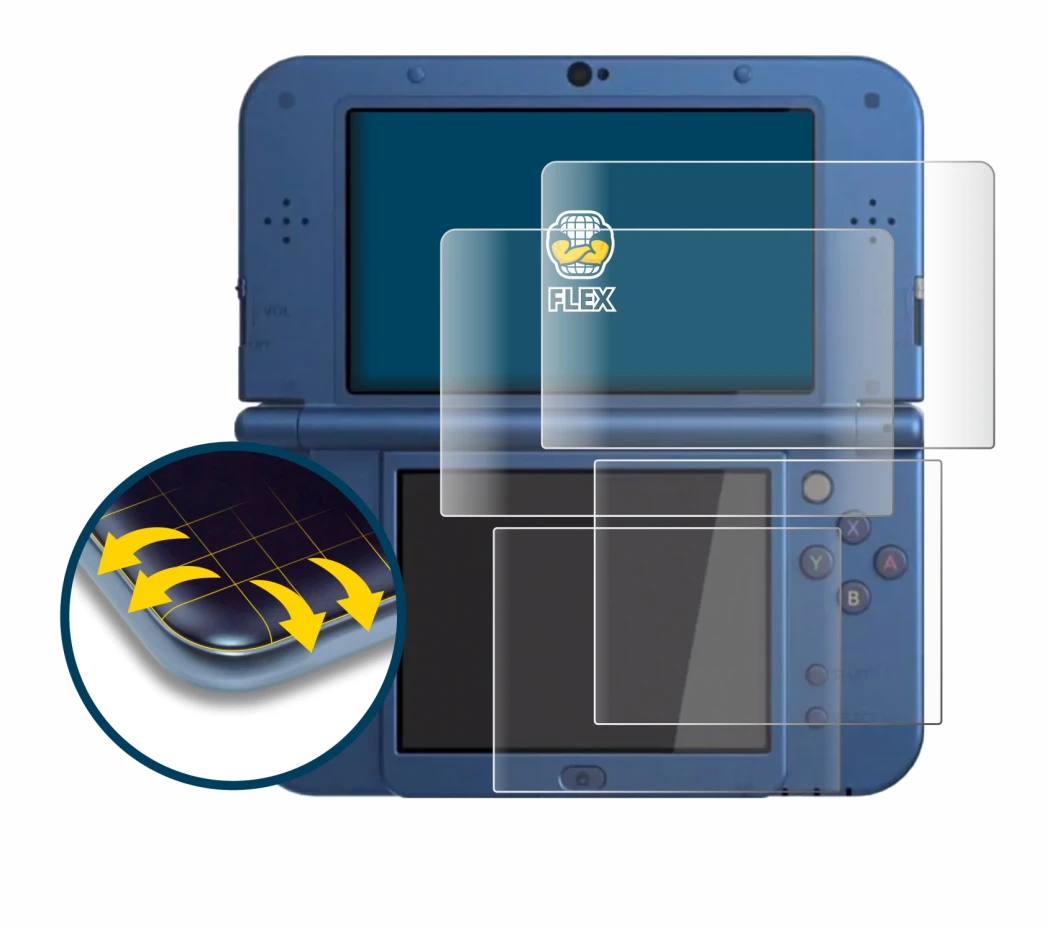 Immagine del dispositivo Nintendo New 3DS XL con un'ampia varietà di protezioni per lo schermo.