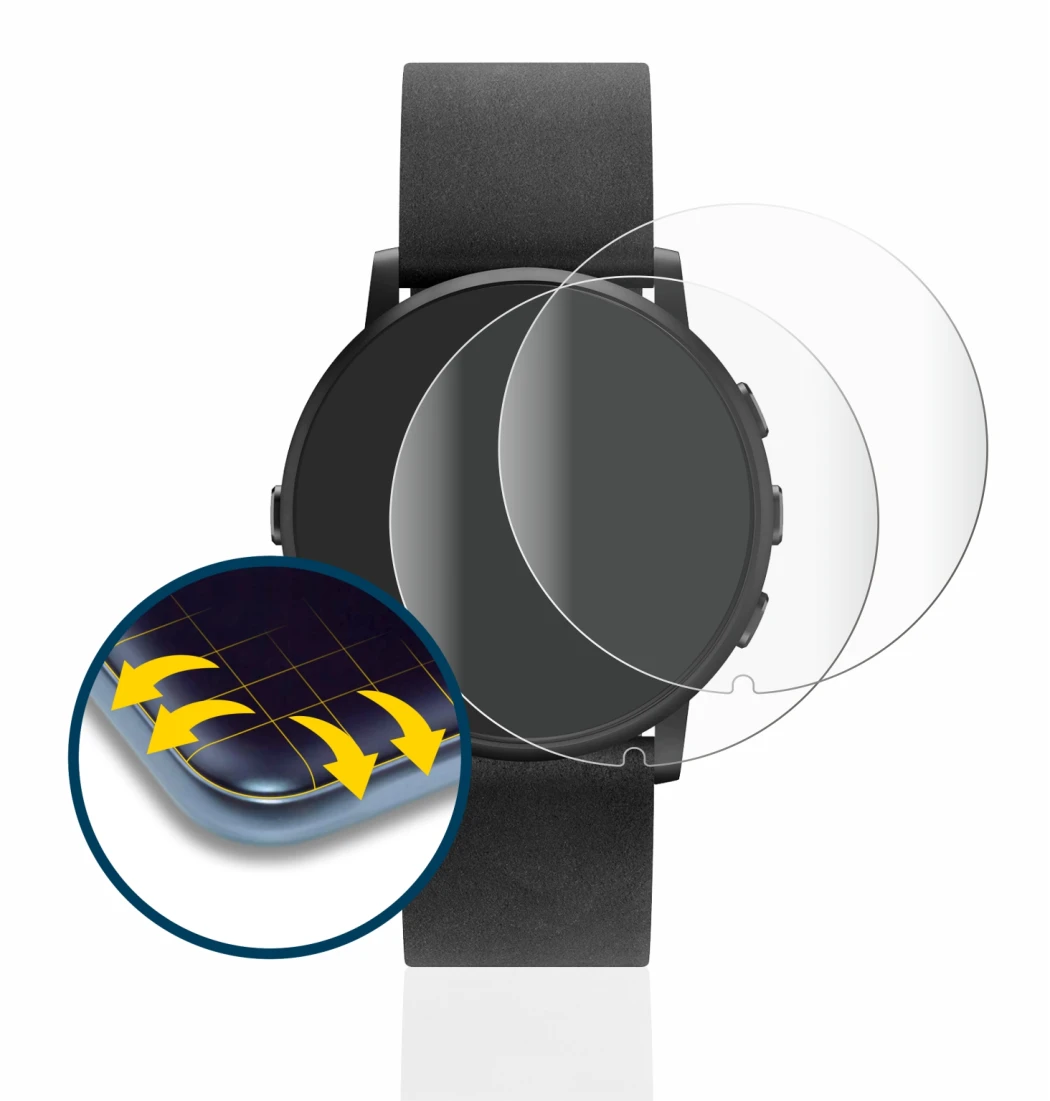 Immagine del dispositivo Pebble Time Round con un'ampia varietà di protezioni per lo schermo.