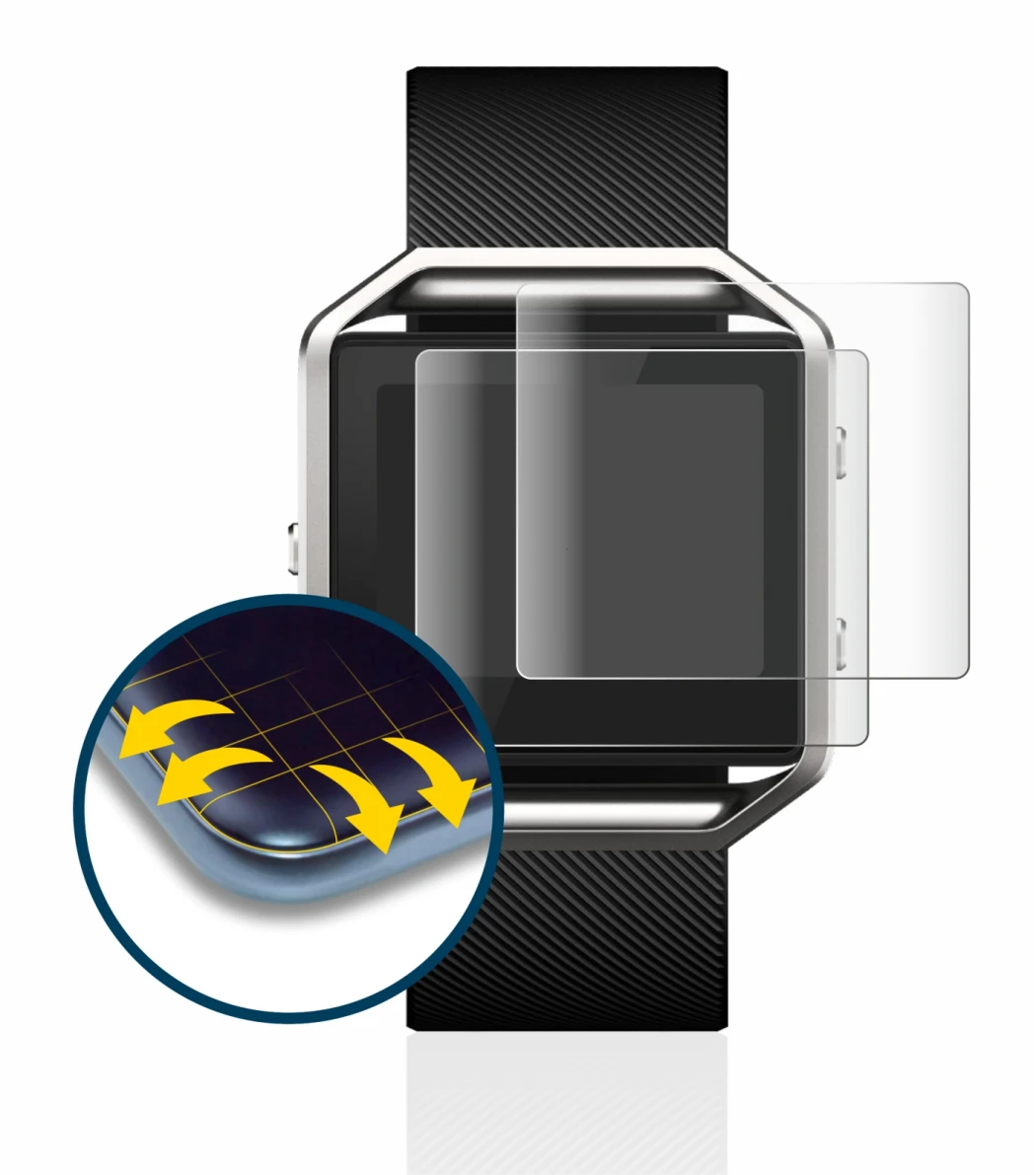 Immagine del dispositivo Fitbit Blaze con un'ampia varietà di protezioni per lo schermo.
