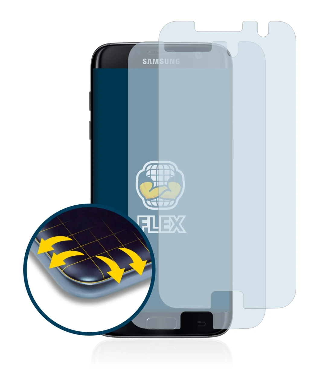 Immagine del dispositivo Samsung Galaxy S7 Edge con un'ampia varietà di protezioni per lo schermo.